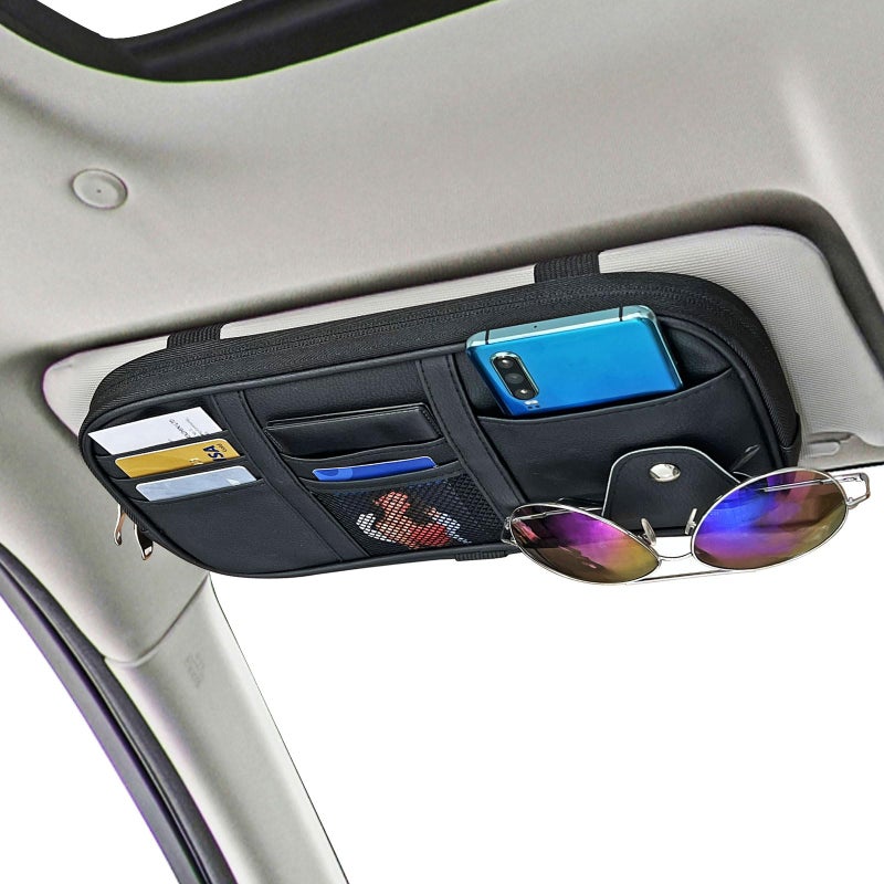 Da by Car Visor Organier Truck SUV Sun Visor Storage Pocket PU Leather Pouch Holder with Multi-Pocket Double Zipper Net Pocket, for Cards Pens Sunglasses Document (Black) - Image 2